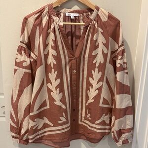 DR2 Women's Blouse - Brown and Cream Pattern Button Down size XS